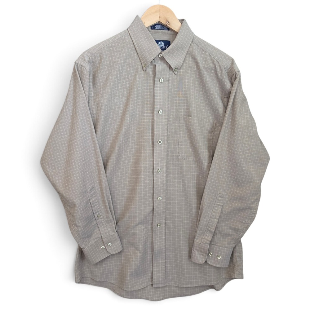 Stafford Dress Shirt Mens 16 32/33 Tan Brown Grid Plaid Wrinkle Free Button Down